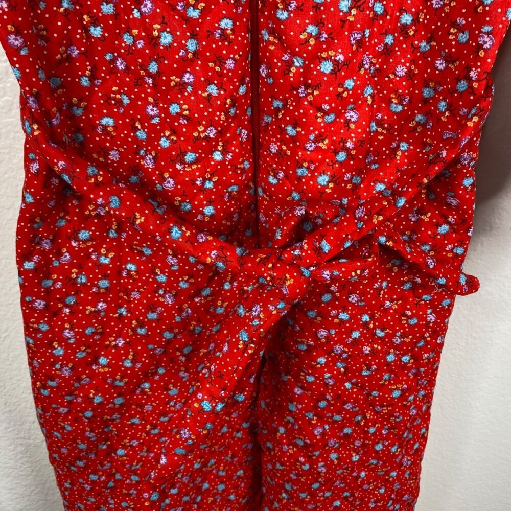 Vintage Wiman Red Floral Quilted Jumpsuit Sz Small Cottage Pajama Tie Waist 80s - Picture 8 of 15